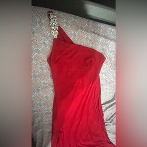 Long Red One Strap Dress.